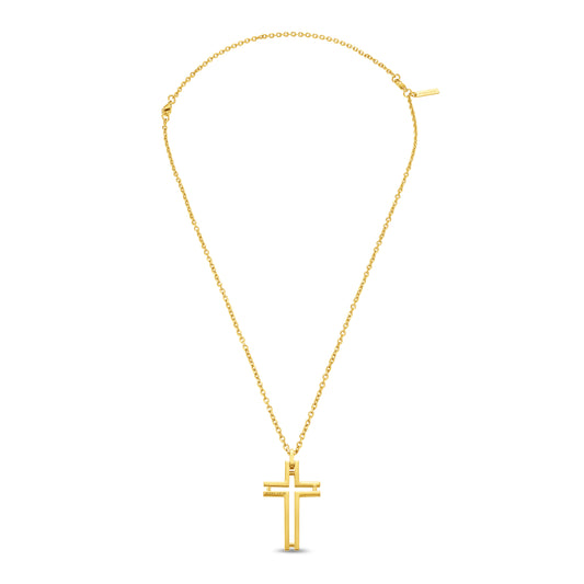 PE FRAMED GOLD IP SHINY CUT-OUT CROSS NECKLACE